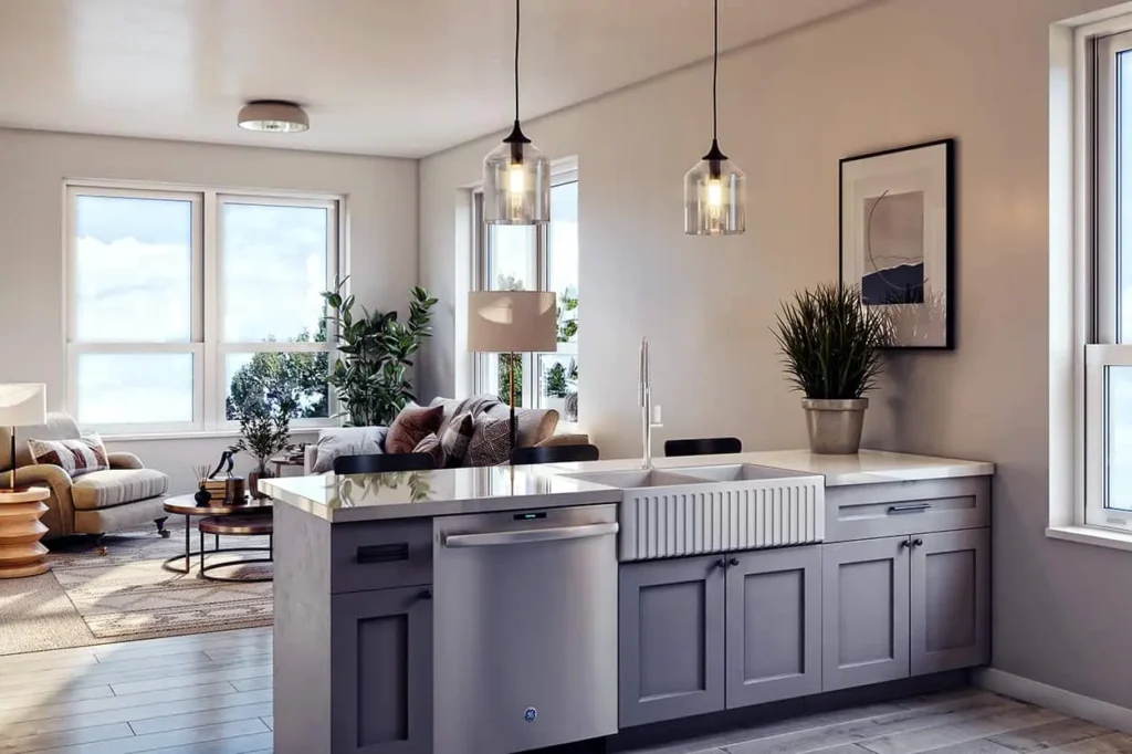 City Gardens Living Room-Kitchen Rendering Winooski VT