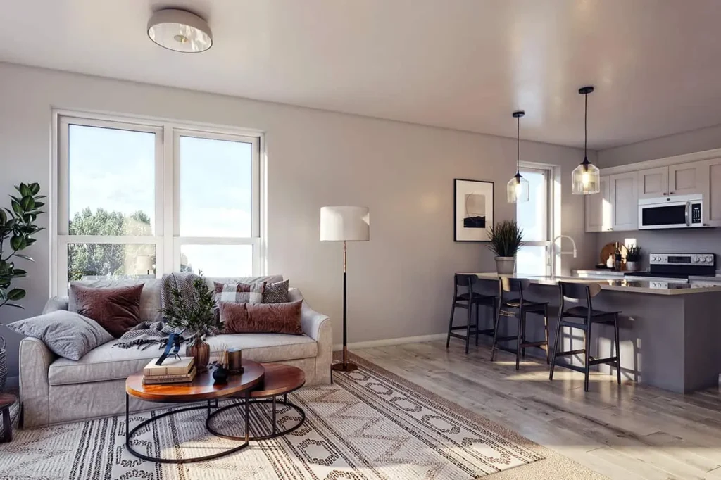 City Gardens Living Room-Kitchen Rendering Winooski VT
