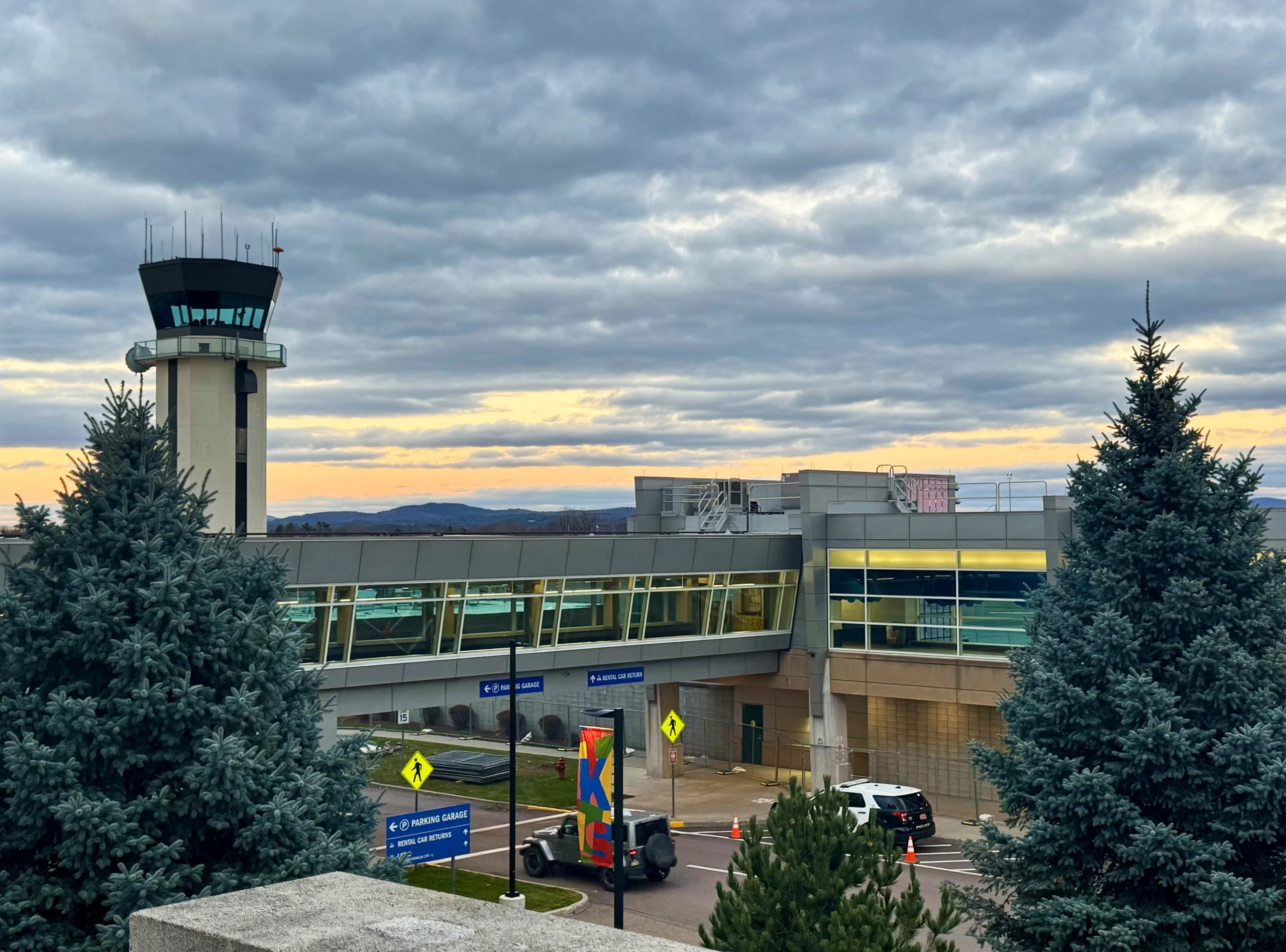 The skywalk at the Patrick Leahy International Airport in Burlington, VT at sunset.